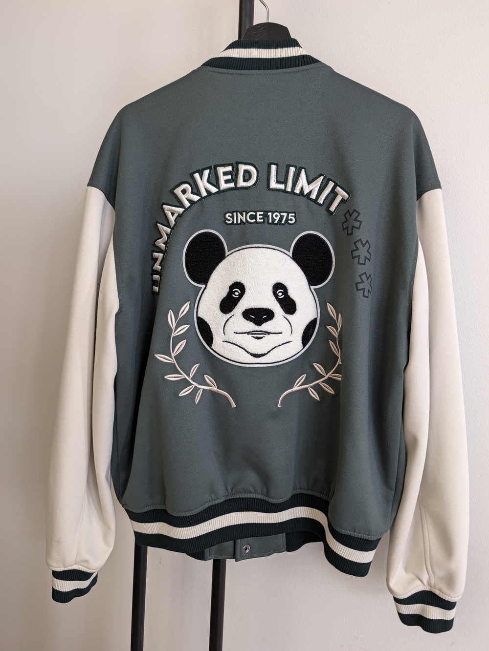 Zara Green & Cream Panda Varsity Jacket with Embroidered Back